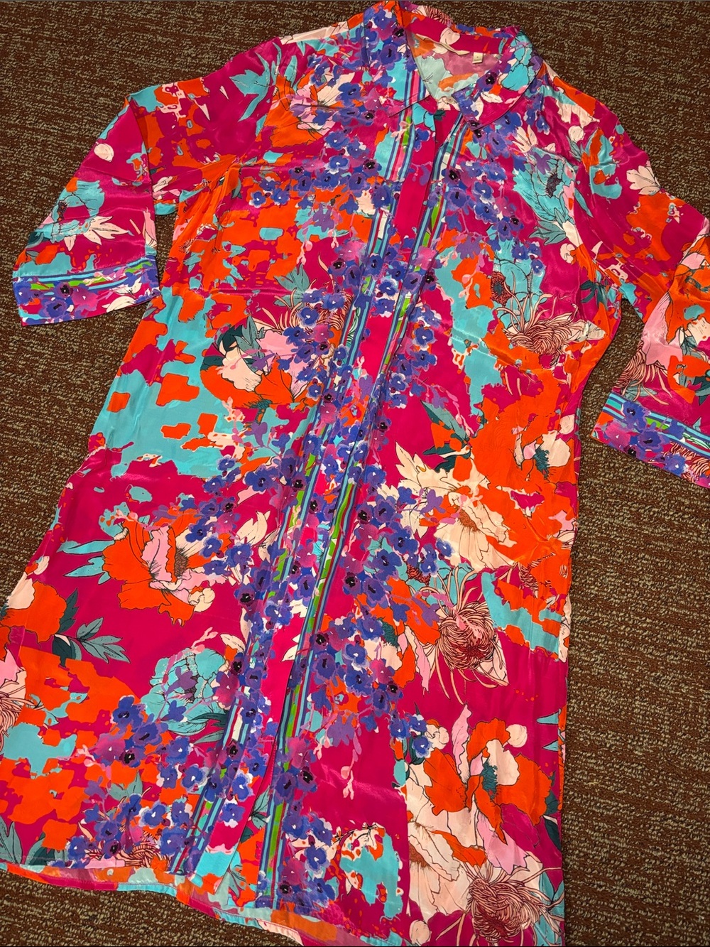 Bold Floral vibrant color silky satin 3/4 sleeve kimono inspired shirt dress L